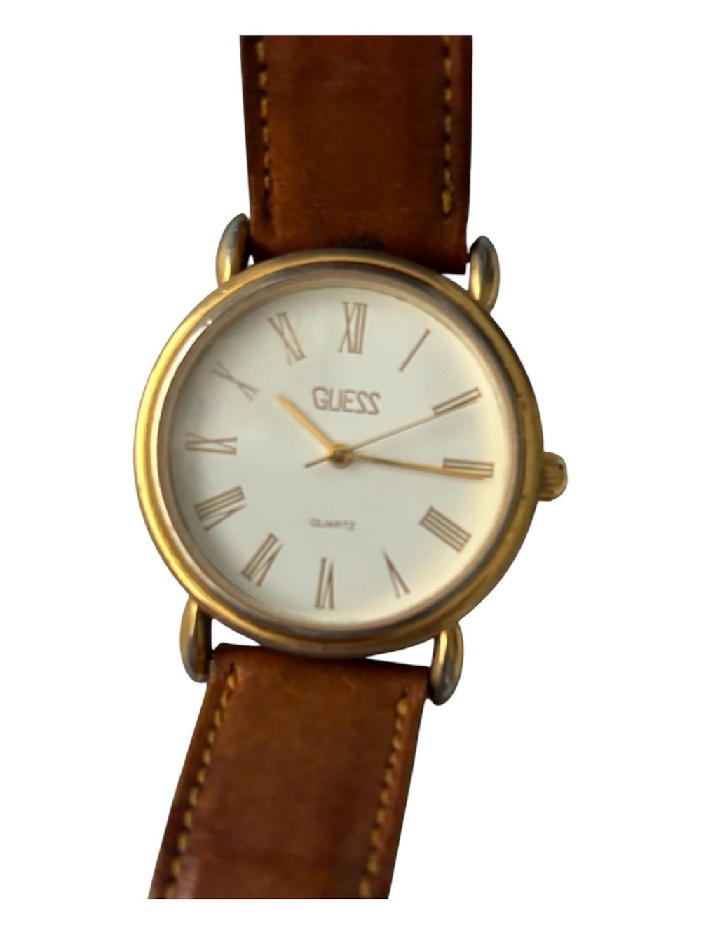 1989 Vintage Guess women’s Watch Roman Numeral Gold Tone Bezel w/White Dial